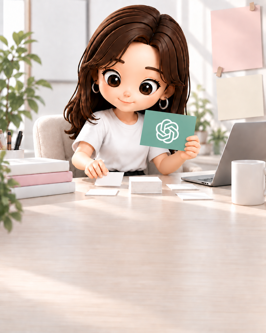 机でカードを持つ、うみのキャラクター