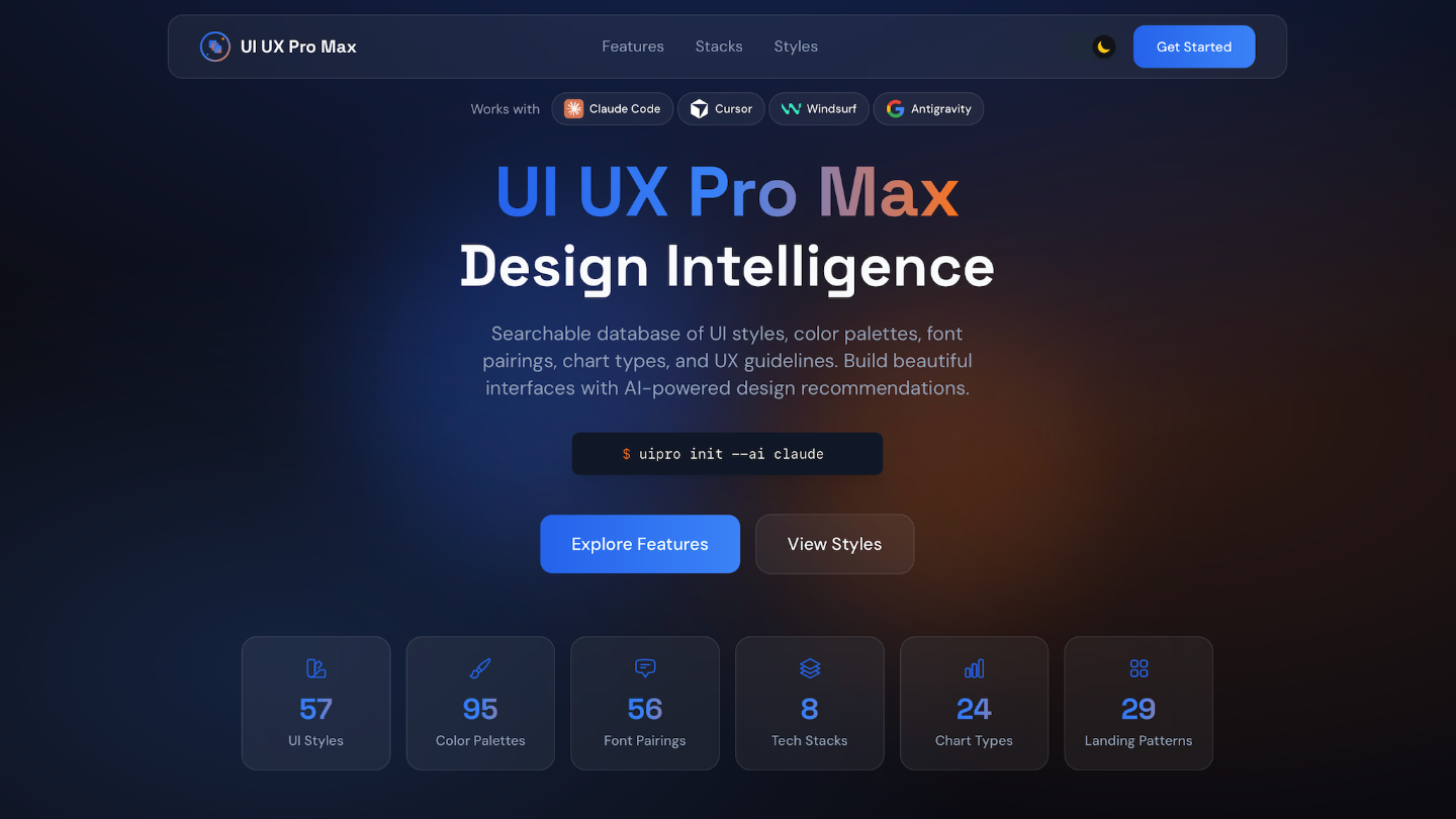 UI UX Pro Maxの公式リポジトリに掲載されている紹介サイト画面