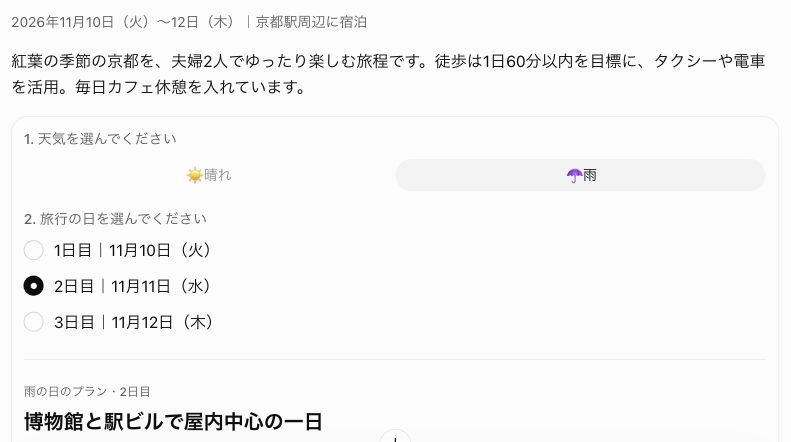 実際の日本語Chat画面。雨／2日目を選ぶと、博物館と駅ビルで屋内中心の一日。