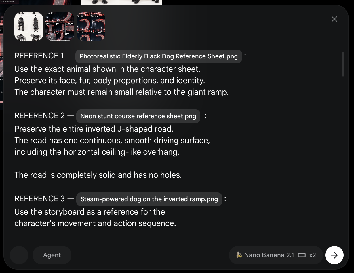 3枚のシートが添付され、REFERENCE 1・2・3に対応する画像名が挿入されたFlowの入力画面