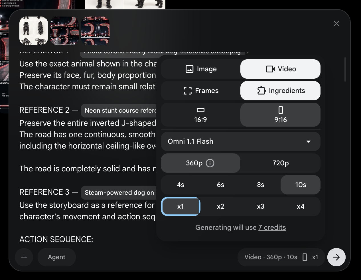 Video / Ingredients / 9:16 / Omni 1.1 Flash / 360p / 10s / x1